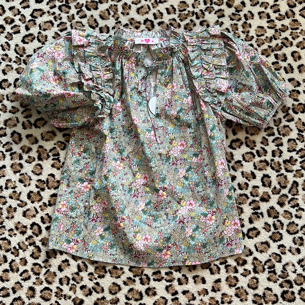 Floral Ruffle Puff-Sleeve Blouse - Pink & Green